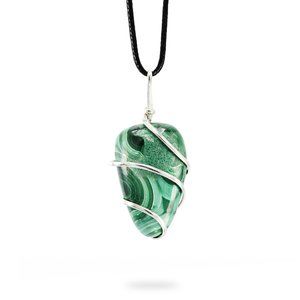 Malachite Healing Crystal Pendant Necklace for Women with Adjustable Vegan Cord